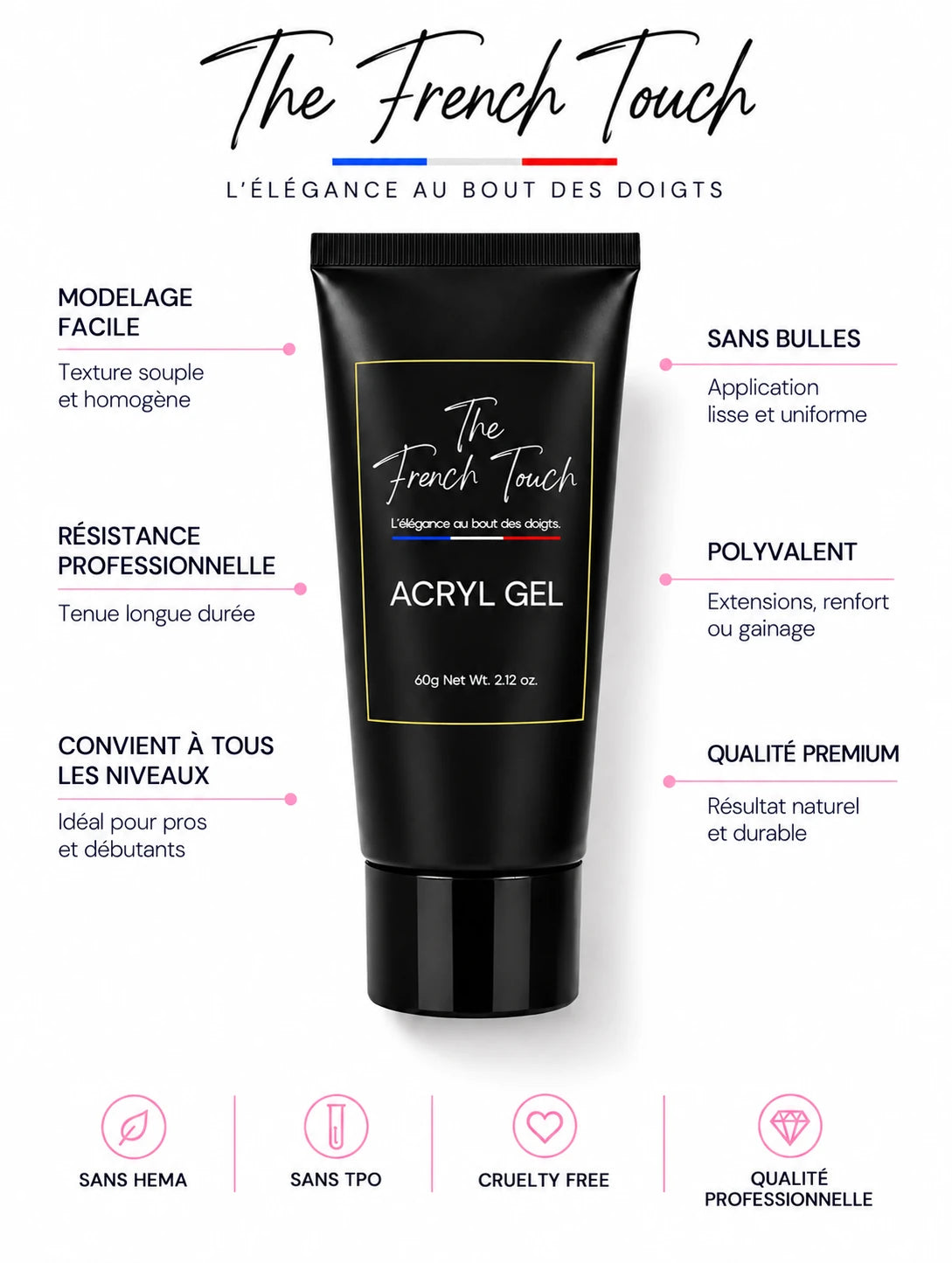 Texture Acrygel Candy Rose The French Touch, gel de construction professionnel en tube 60g sans HEMA ni TPO