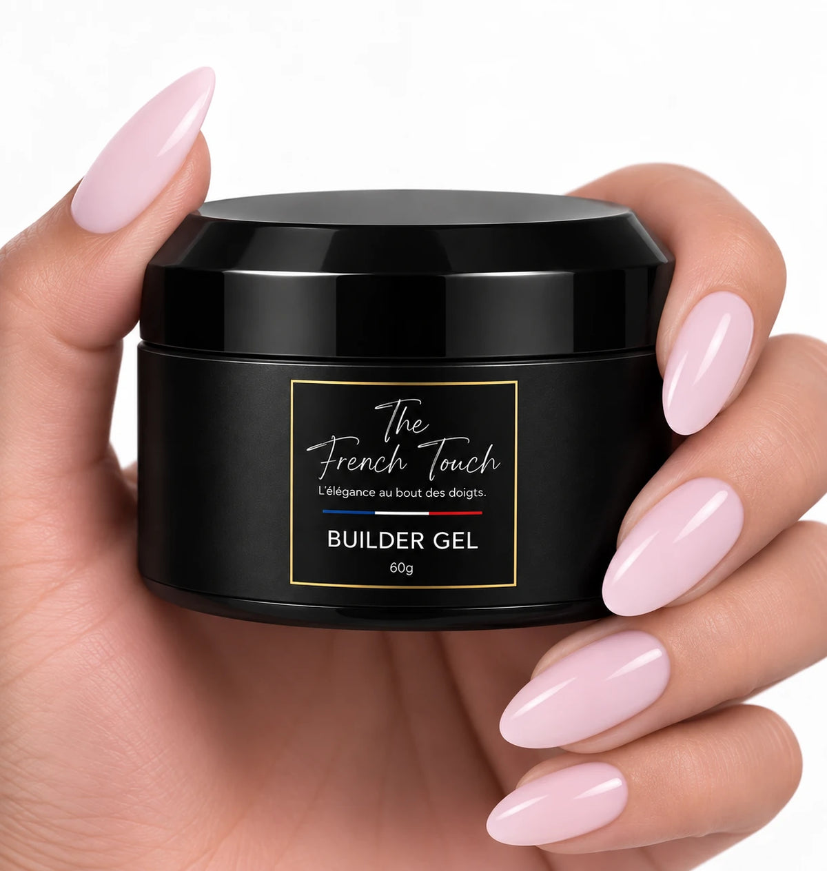 Pot de Builder Gel Milky Rose The French Touch 60g tenu en main, gel de construction ongles