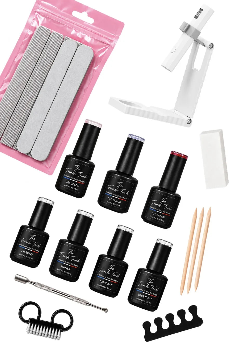 Kit vernis semi-permanent débutant — base coat, top coat et accessoires The French Touch