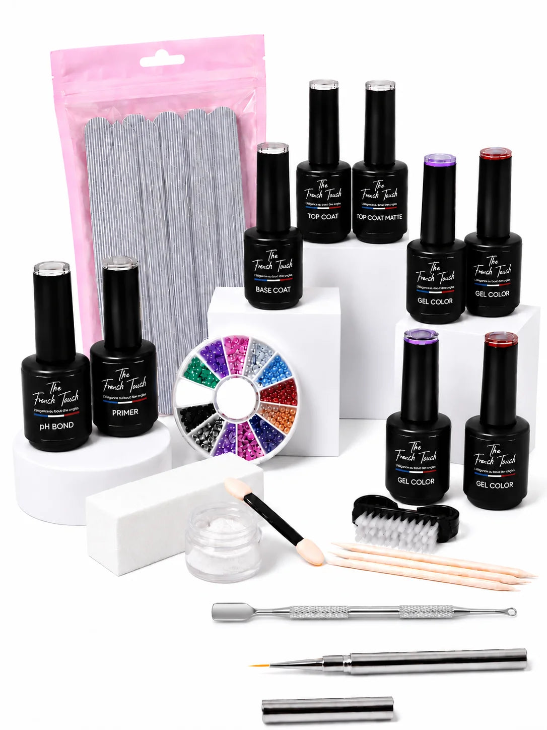 Kit nail art semi-permanent : poudre chrome, strass, pinceau, vernis et accessoires