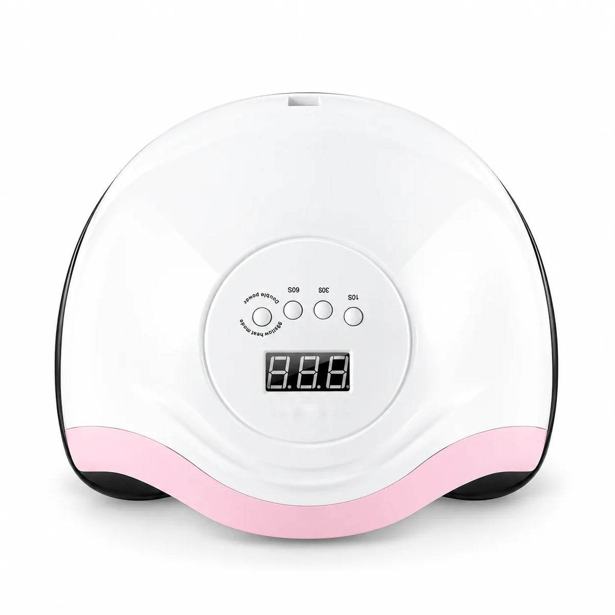 Lampe LED UV professionnelle pour ongles, vue de face, avec écran digital et boutons minuteur 10s 30s 60s, finition blanche et rose