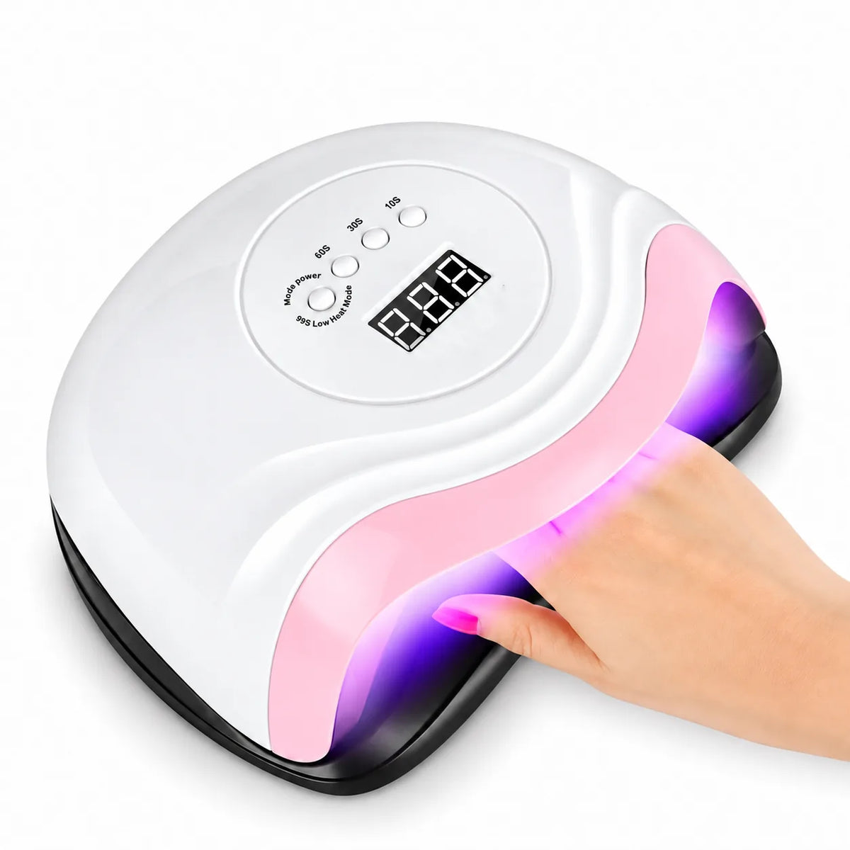 Lampe UV ongles LED pour sécher un vernis gel semi-permanent, main sous la lampe blanche et rose avec écran digital