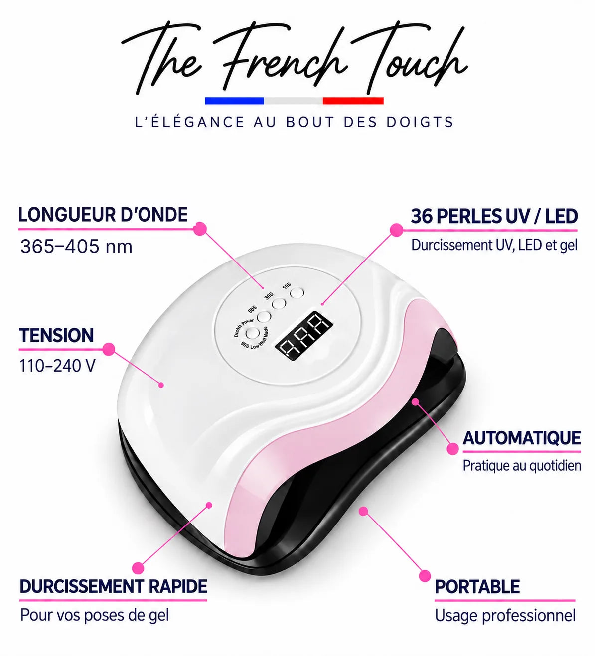 Lampe UV ongles professionnelle blanche et rose, 36 LEDs UV, durcissement rapide des vernis gel, The French Touch