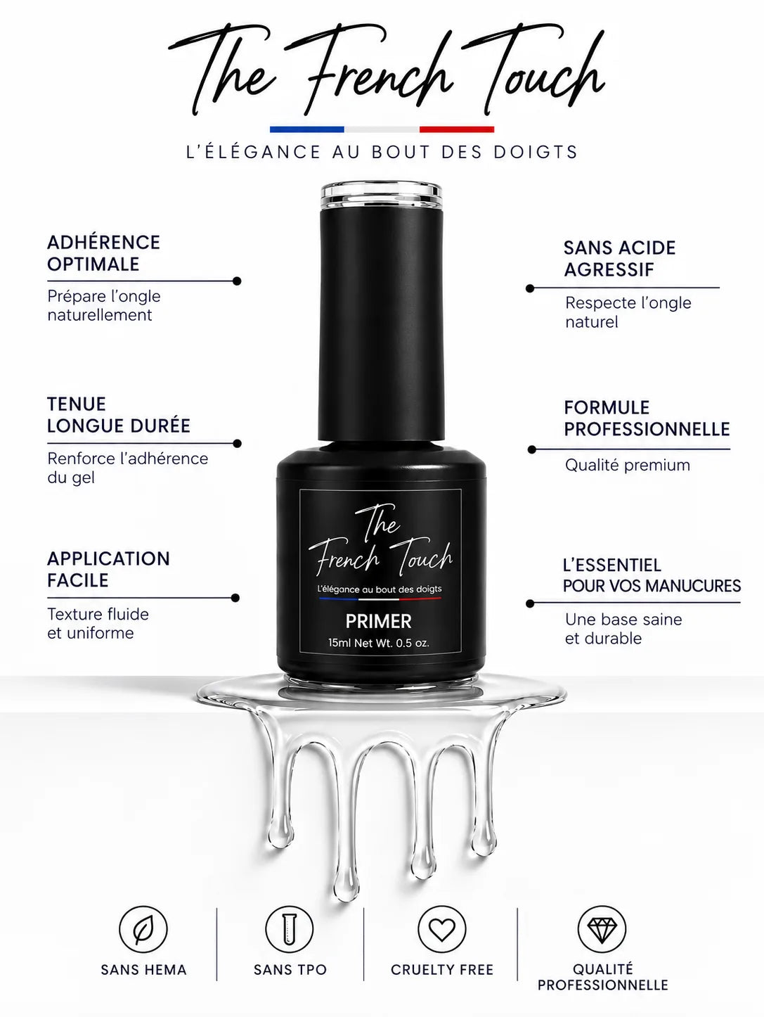 Six flacons The French Touch posés sur des socles blancs : primer, pH bond, base coat, rubber base coat, top coat et top coat matte pour vernis semi-permanent