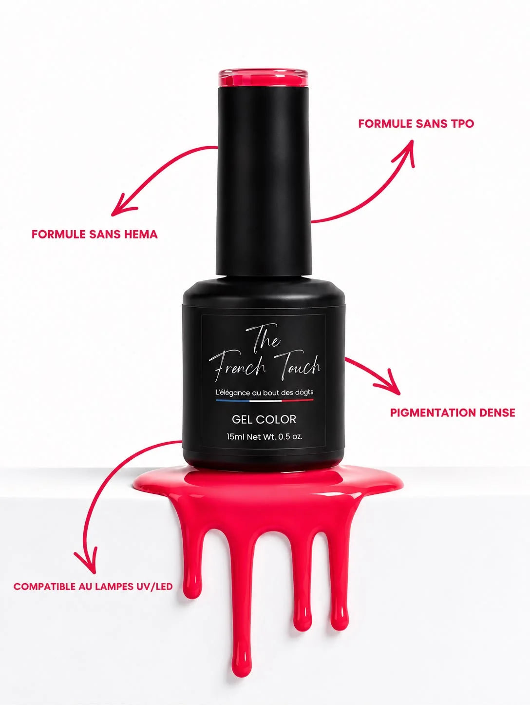 Vernis rouge néon Lava sans TPO ni HEMA, pigmentation dense, compatible lampes UV/LED